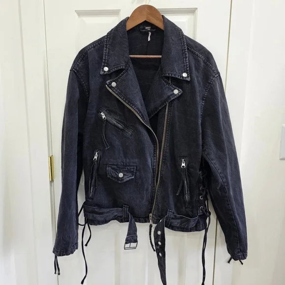 Free People Denim Moto Jacket Black Oversized Size Small